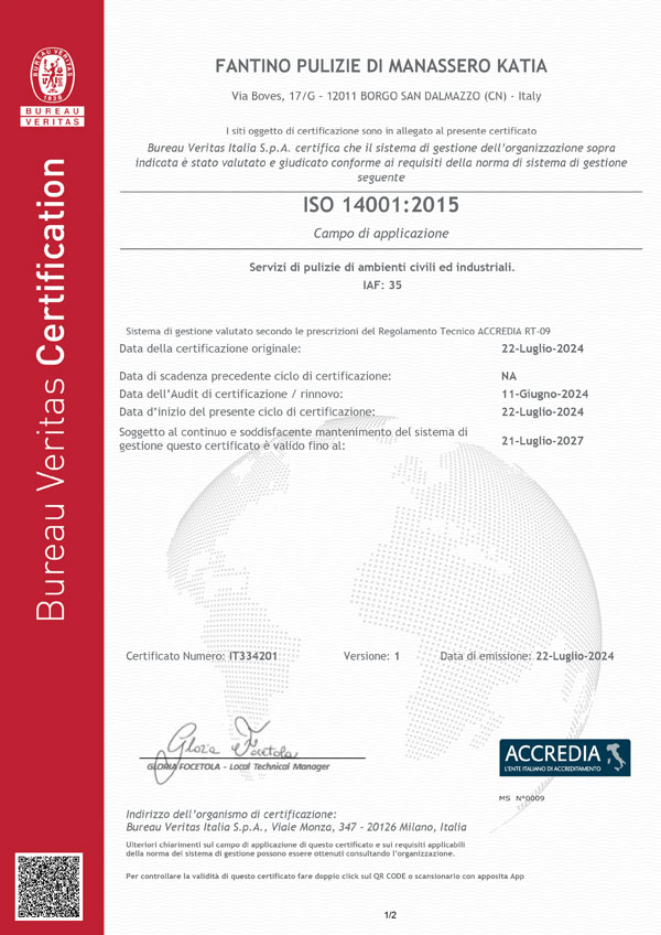 Certificazione ambientale ISO 14001:2015 - Fantino Pulizie