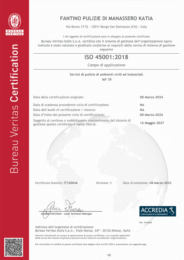 Certificazione sicurezza ISO 45001:2018 - Fantino Pulizie